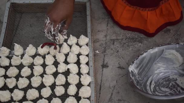 Indische Frau bereitet Daler bori an einem sonnigen Tag auf einem Netz zu. Es ist eine in der bengalischen Küche beliebte Form getrockneter Linsenknödel. - Filmmaterial, Video