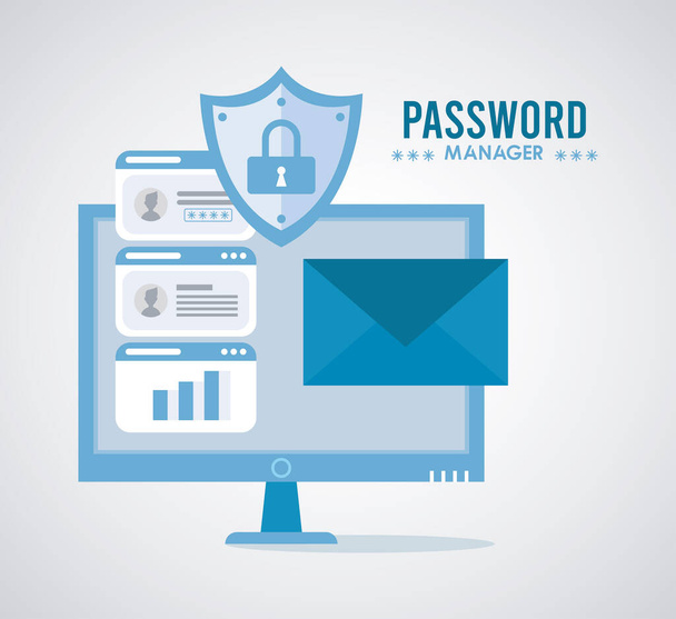 tema password manager con lucchetto in scudo e desktop - Vettoriali, immagini