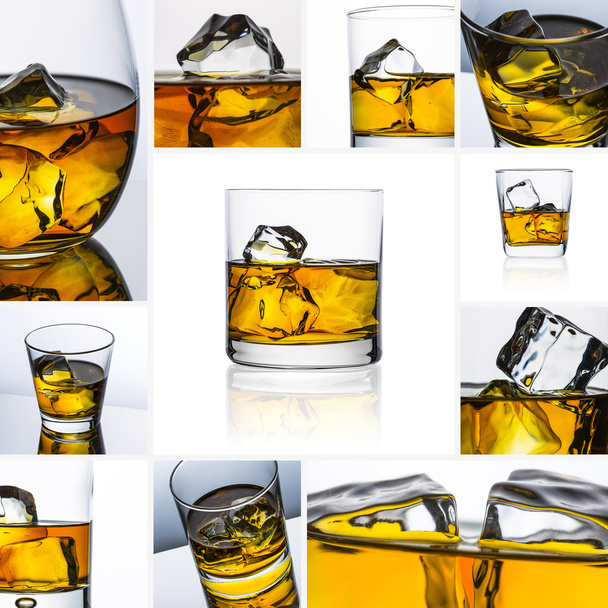 Whiskey glass set collage reflection ice drink bourbon rocks alcoholic alcohol scotland - Φωτογραφία, εικόνα