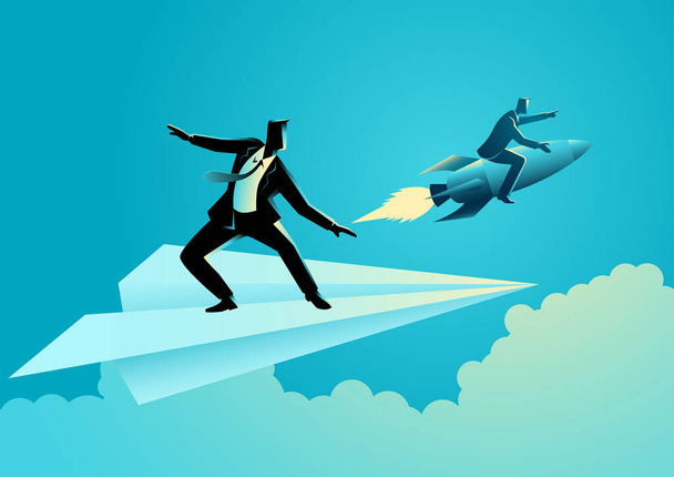 Business concept vector illustration of businessman on paper plane compete with a businessman on a rocket - Vector, Image
