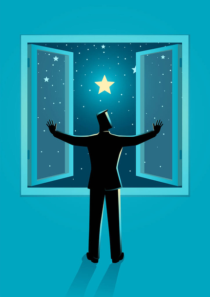Εικονογράφηση διάνυσμα ενός ανθρώπου που ανοίγει το παράθυρο πλατιά για να δείτε καθαρό έναστρο νυχτερινό ουρανό - Διάνυσμα, εικόνα