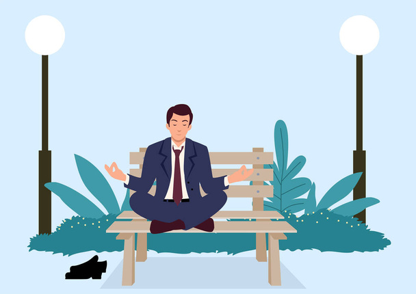 Simple flat vector illustration of businessman doing yoga on a bench at the park - Vector, Image