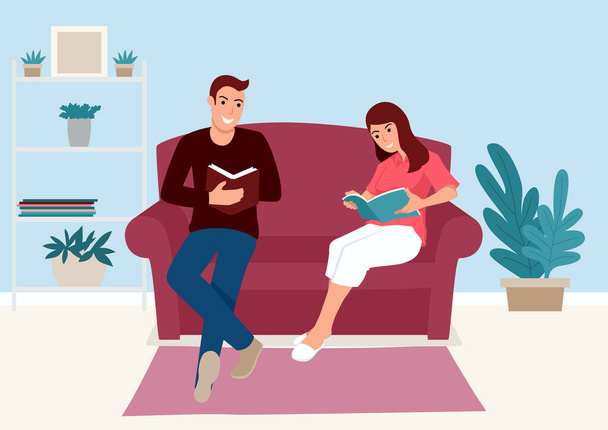 Jednoduché ploché vektorové ilustrace mladé dvojice čtení knihy společně na pohovce doma - Vektor, obrázek