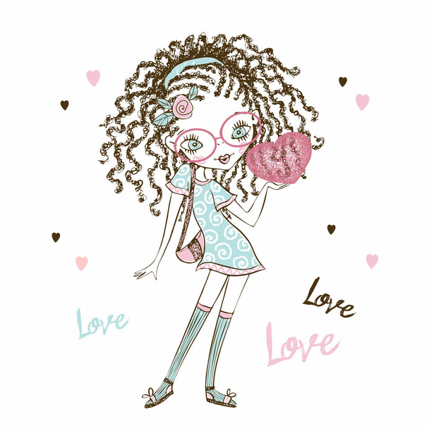Cute fashionista teen girl with pigtails with a heart in her hands. Valentine card. Vector. - Vector, Image