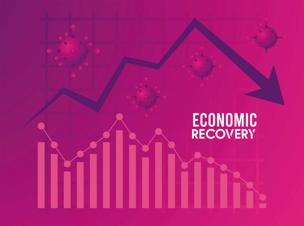 economisch herstel voor covid19 poster met virusdeeltjes en statistische pijl naar beneden - Vector, afbeelding