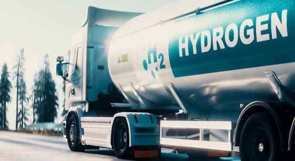 Concept logistique de l'hydrogène. Camion avec remorque citerne à gaz sur la route bordée de centrales solaires. Rendu 3d - Photo, image