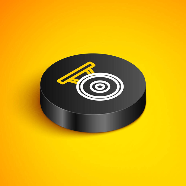 Línea isométrica Instrumento de percusión musical Gong icono de disco de metal circular aislado sobre fondo amarillo. Botón círculo negro. Vector - Vector, imagen
