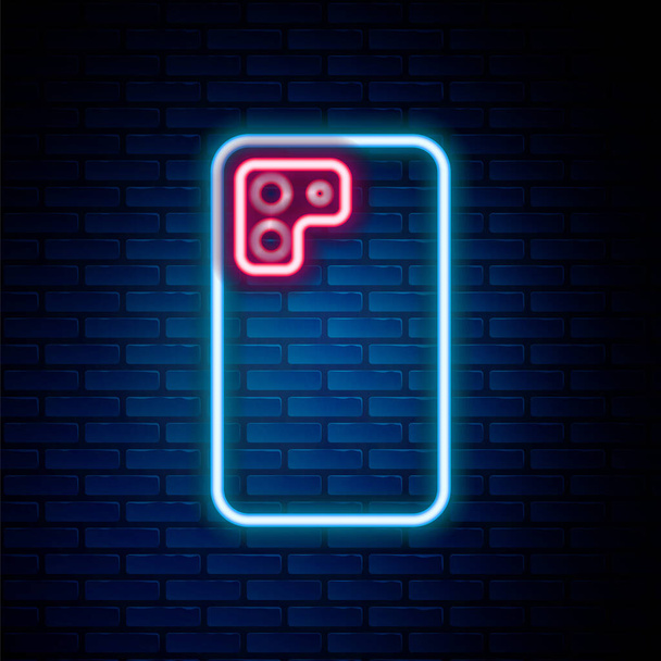 Świecąca neon linia Smartfon, ikona telefonu komórkowego izolowane na tle cegły ściany. Kolorowy koncept. Wektor - Wektor, obraz