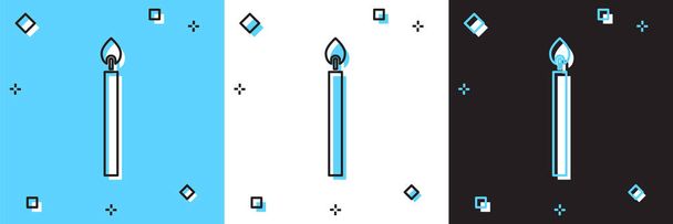 Definir ícone de vela ardente isolado em azul e branco, fundo preto. Vela cilíndrica com chama ardente. Vetor - Vetor, Imagem