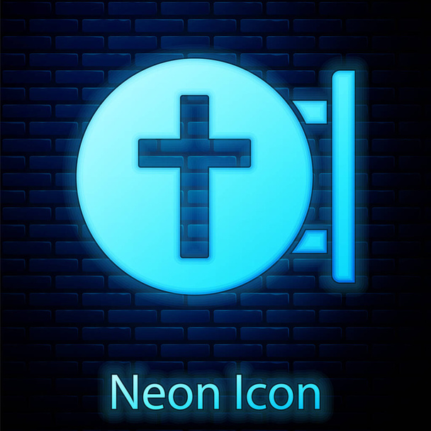 Ragyogó neon keresztény kereszt ikon elszigetelt téglafal háttér. Templomi kereszt. Vektor - Vektor, kép