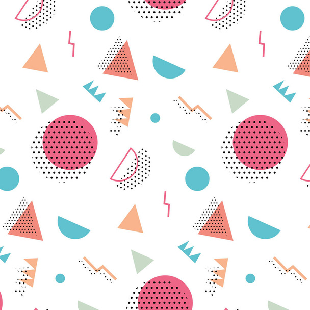 Memphis pattern 80's-90's styles on red background. Trendy memphis style. Colorful geometric pattern different shapes color style. Cover template design,abstract pattern, hipster fashion. - Foto, imagen