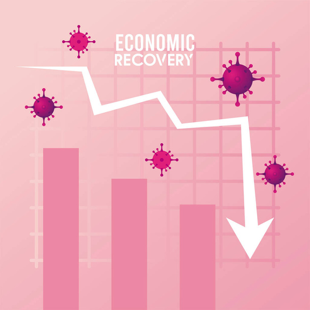Wirtschaftliche Erholung für covid19 Poster mit Viruspartikeln im Statistikpfeil - Vektor, Bild