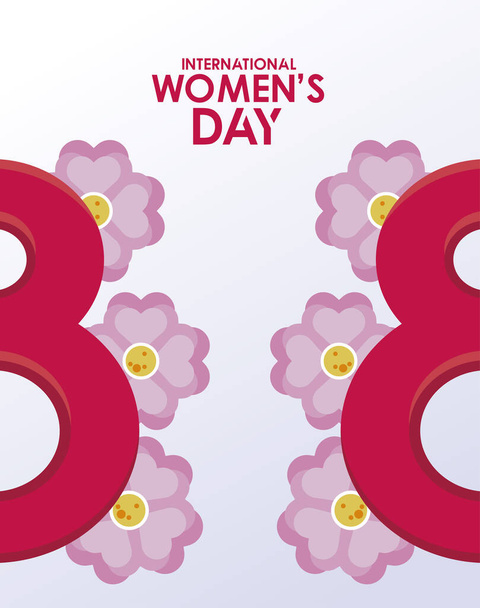 międzynarodowy dzień kobiet uroczystości plakat z liczbami ósemki i kwiaty - Wektor, obraz