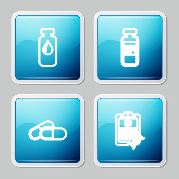 Set line Medical vial, ampoule, , Medicine pill or tablet and Clipboard with DNA analysis icon. Vector. - Vector, Image
