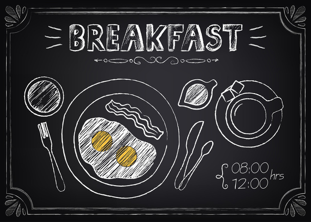 Vintage Poster Breakfast with fried eggs and coffee. Freehand drawing  - Vector, Image