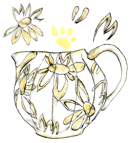 Watercolor illustration set of porcelian milk jug with a muted yellow color, black-and-white sketch made by hand. Elegant collection utensil with daisy motive elements isolated on a white background. - Zdjęcie, obraz