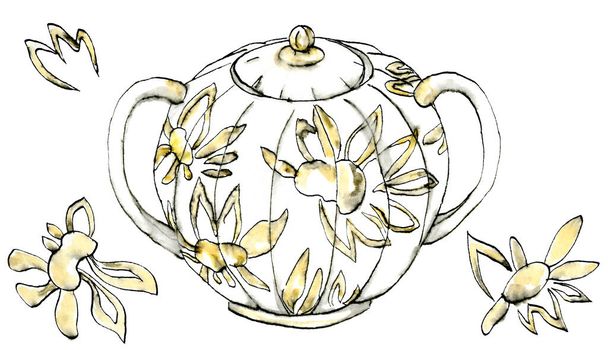 Watercolor illustration set of porcelian sugar bowl with a muted yellow color, black-and-white sketch made by hand. Elegant collection utensil with daisy motif elements isolated on a white background. - Valokuva, kuva