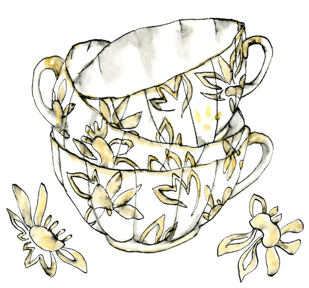 Watercolor illustration set of porcelian cups with a muted yellow color, black-and-white sketch made by hand. Elegant collection utensil with daisy motif elements isolated on a white background. - Valokuva, kuva