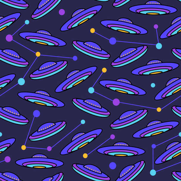 Vector seamless pattern with spaceships Kids cosmic design with ufo - Vector, Image
