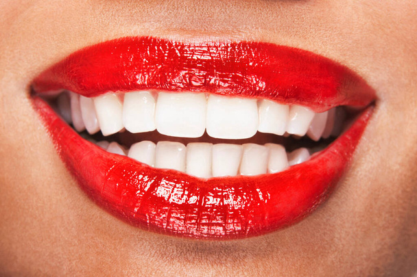 Close up shot of sexy red lips of woman - Foto, Imagem