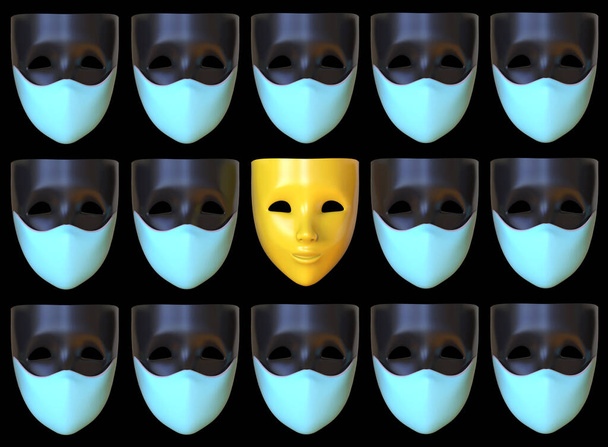 Masques, portant ou non des masques médicaux. Rendu 3d - Photo, image