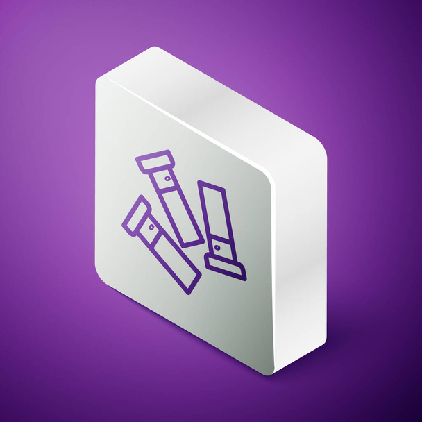 Isometric line Cartridges icon isolated on purple background. Shotgun hunting firearms cartridge. Hunt rifle bullet icon. Silver square button. Vector. - Vector, Image