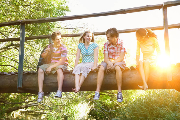 Happy teenage boys and girls sitting on wooden bridge - Foto, Imagen