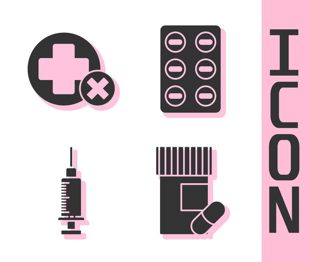 Set Medicine bottle and pills, Cross hospital medical, Syringe and Pills in blister pack icon. Vector. - Vector, Image