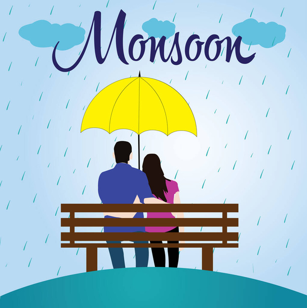 Couple assis sur banc avec parapluie - Vecteur, image