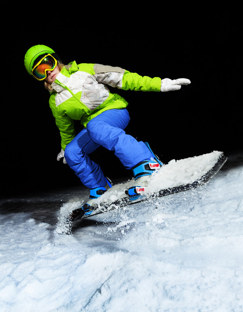 Girl ready to slide with snowboard down the mountain - Φωτογραφία, εικόνα