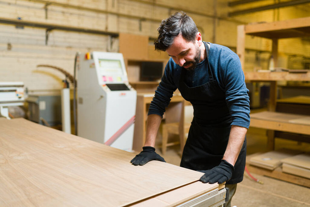 Profi-Schreiner mit Schürze und Schutzhandschuhen bei der Arbeit in einer Tischlerei. Männlicher Arbeiter bereit, eine Sperrholzplatte in einem Holzladen zu schneiden - Foto, Bild