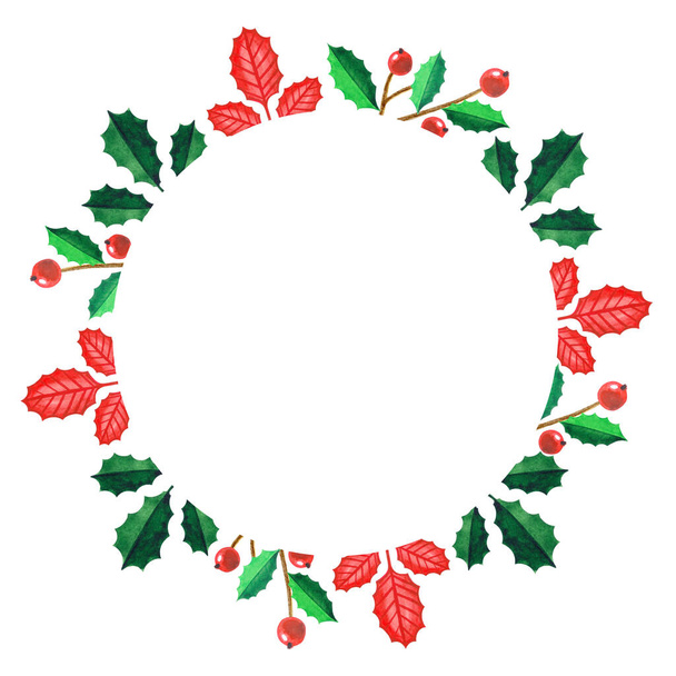 Struttura rotonda di foglie di acquerello verdi e rosse e bacche. Illustrazione luminosa e colorata. Adatto per carte di decorazione e prodotti natalizi. - Foto, immagini