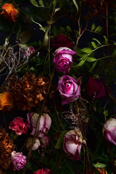Image with dry flowers of roses, carnations and green plants on a black background. - Photo, Image