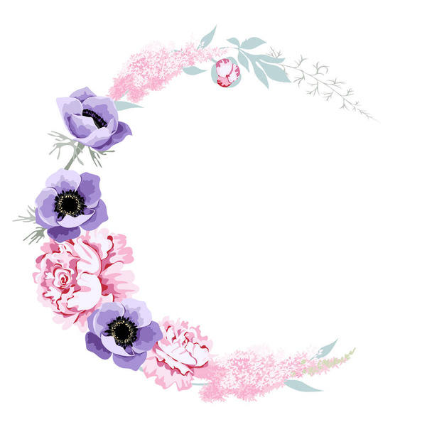 Round wreath garland of pink peony, astilbe, purple anemone flower. Isolated on white background. Vector illustration. - Вектор,изображение