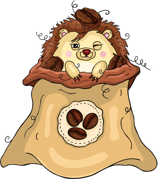Funny hedgehog in coffee bag - Vector, afbeelding