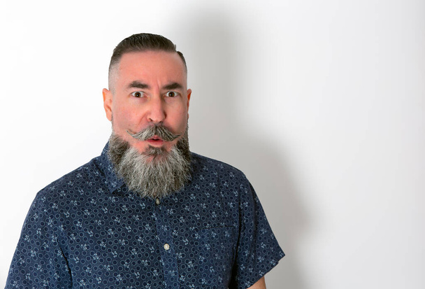 hipster with shirt of flowers, big beard and mustache close up with surprised face on white background. - 写真・画像