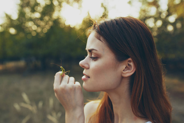 schöne Frau hält im Sommer auf einer Wiese in der Natur eine Gottesanbeterin auf der Hand - Foto, Bild
