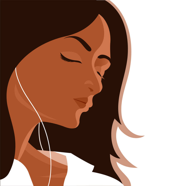 Krásná dívka poslouchá hudbu se sluchátky. Uvolněné vlasy a zavřené oči. Bílé pozadí. Vektor izolované ilustrace ženského charakteru. - Vektor, obrázek