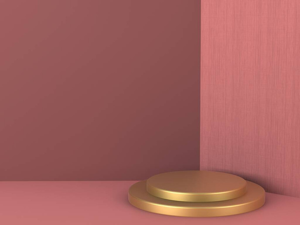 製品表示、ピンクとゴールドの色、豪華さと最小限の概念の円筒形、 3Dレンダリング. - 写真・画像