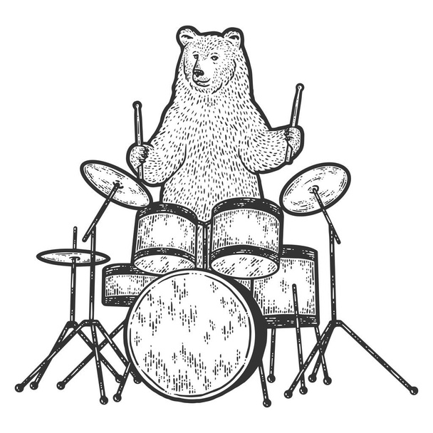 Bear plays the drum set. Engraving vector illustration. Sketch. - Vector, Image