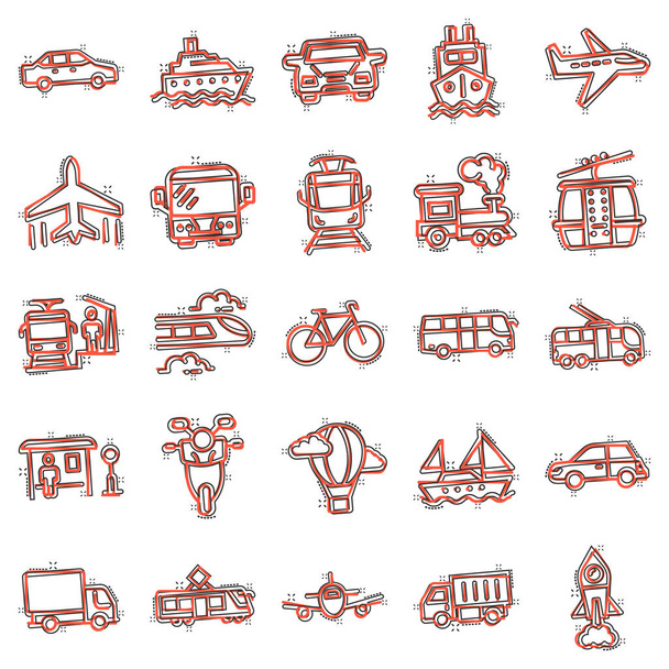 Transport icon set in comic style. Car vector cartoon collection illustration on white isolated background. Shipping transportation splash effect business concept. - Vector, Image