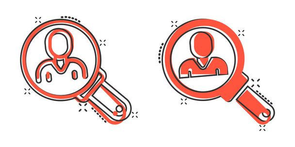 Search job vacancy icon in comic style. Loupe career cartoon vector illustration on white isolated background. Find people employer splash effect business concept. - Vector, Image