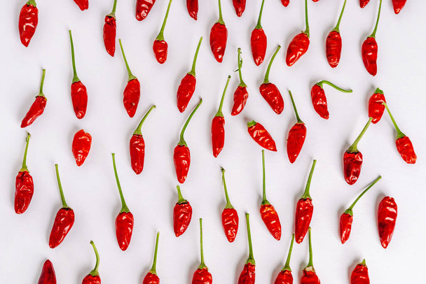  Red chili peppers spread out on a white background, vegetable pattern - Fotoğraf, Görsel