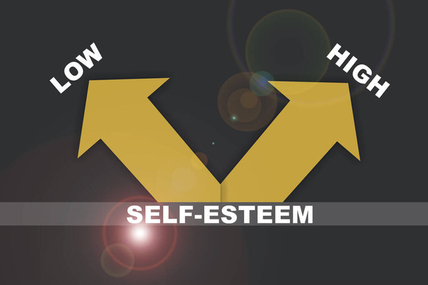 Self-esteem two direction with low and high yellow arrow on gray background. Business boosting self esteem concept and improvement decision making idea - Photo, Image
