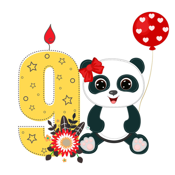 Number nine and a cute cartoon panda girl. Perfect for greeting cards, party invitations, posters, stickers, pin, scrapbooking, icons. Birthday concept - Διάνυσμα, εικόνα