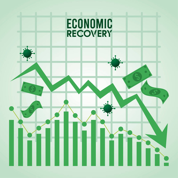 wirtschaftliche Erholung für covid19 Poster mit Dollarscheinen und Viruspartikeln in der Statistik Grafik - Vektor, Bild