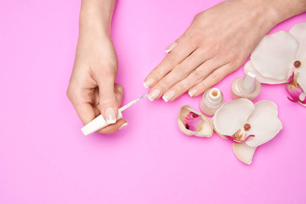 Beautiful Female Hands with French manicure over pink colorful background - Photo, Image