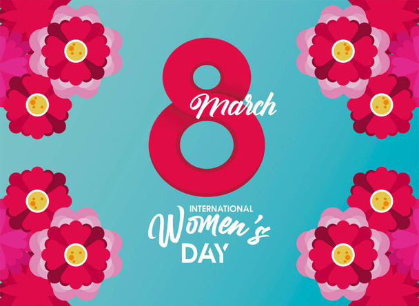 nemzetközi nőnapi ünnepség plakát nyolcas számmal és virágokkal - Vektor, kép