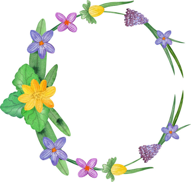 Akvarell koszorú tavaszi virágokkal és levelekkel. A koszorú áll primrózsa: erantusz, jácint és orgona. Tavaszi kerek keret, sablon a design. - Fotó, kép