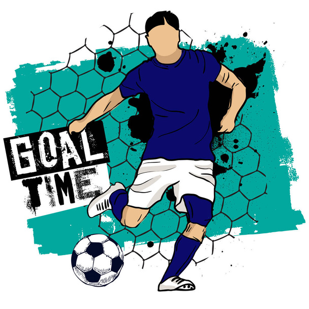 Goal time. Typography t-shirt design with lettering, urban style and silhouette of soccer player. Sport motives poster - Vector, Image